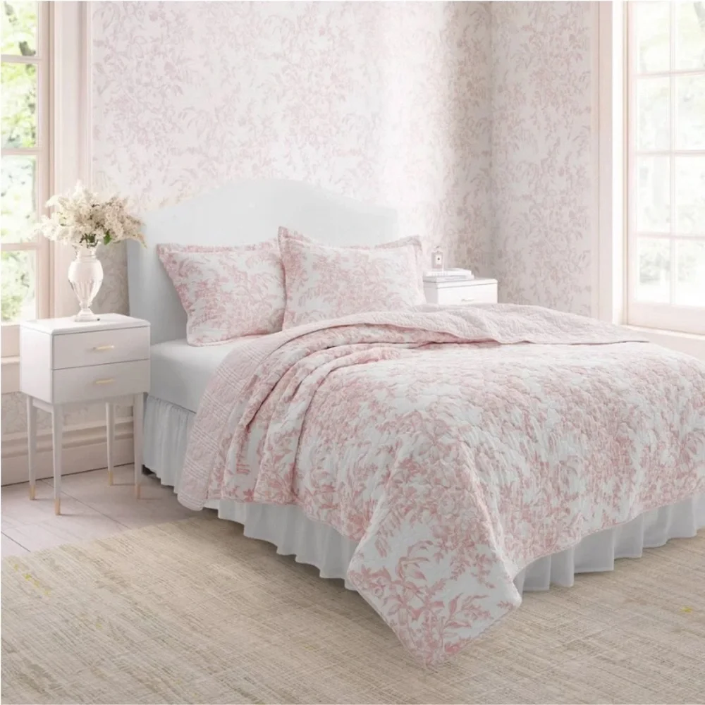 3pc Coquette KING Cotton Quilt Set Pink Bedford Laura Ashley